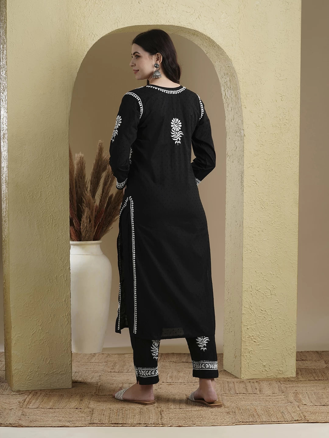 Ada Hand Embroidered Black Dobby Cotton Lucknowi Chikankari Co-Ord Set 01A479903