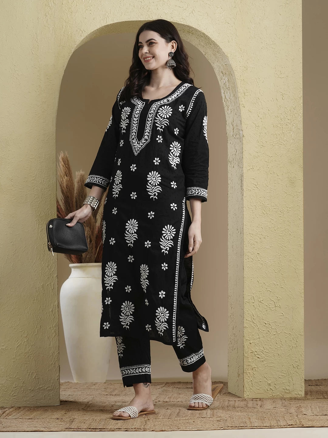 Ada Hand Embroidered Black Dobby Cotton Lucknowi Chikankari Co-Ord Set 01A479903