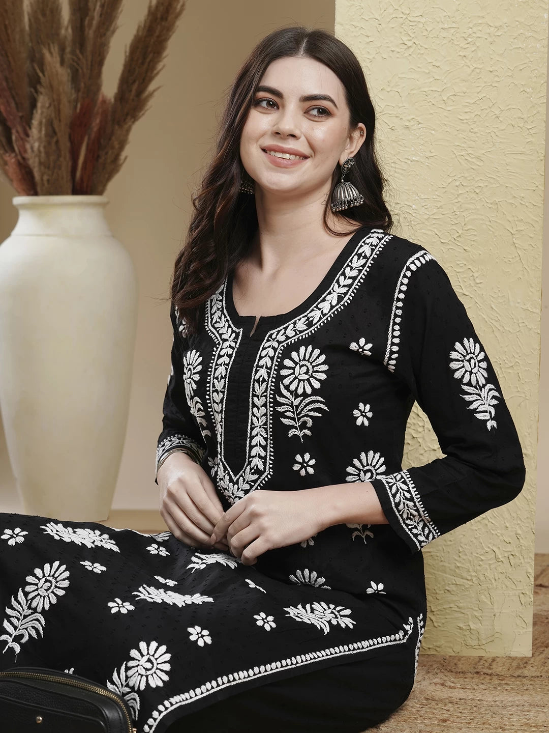 Ada Hand Embroidered Black Dobby Cotton Lucknowi Chikankari Co-Ord Set 01A479903