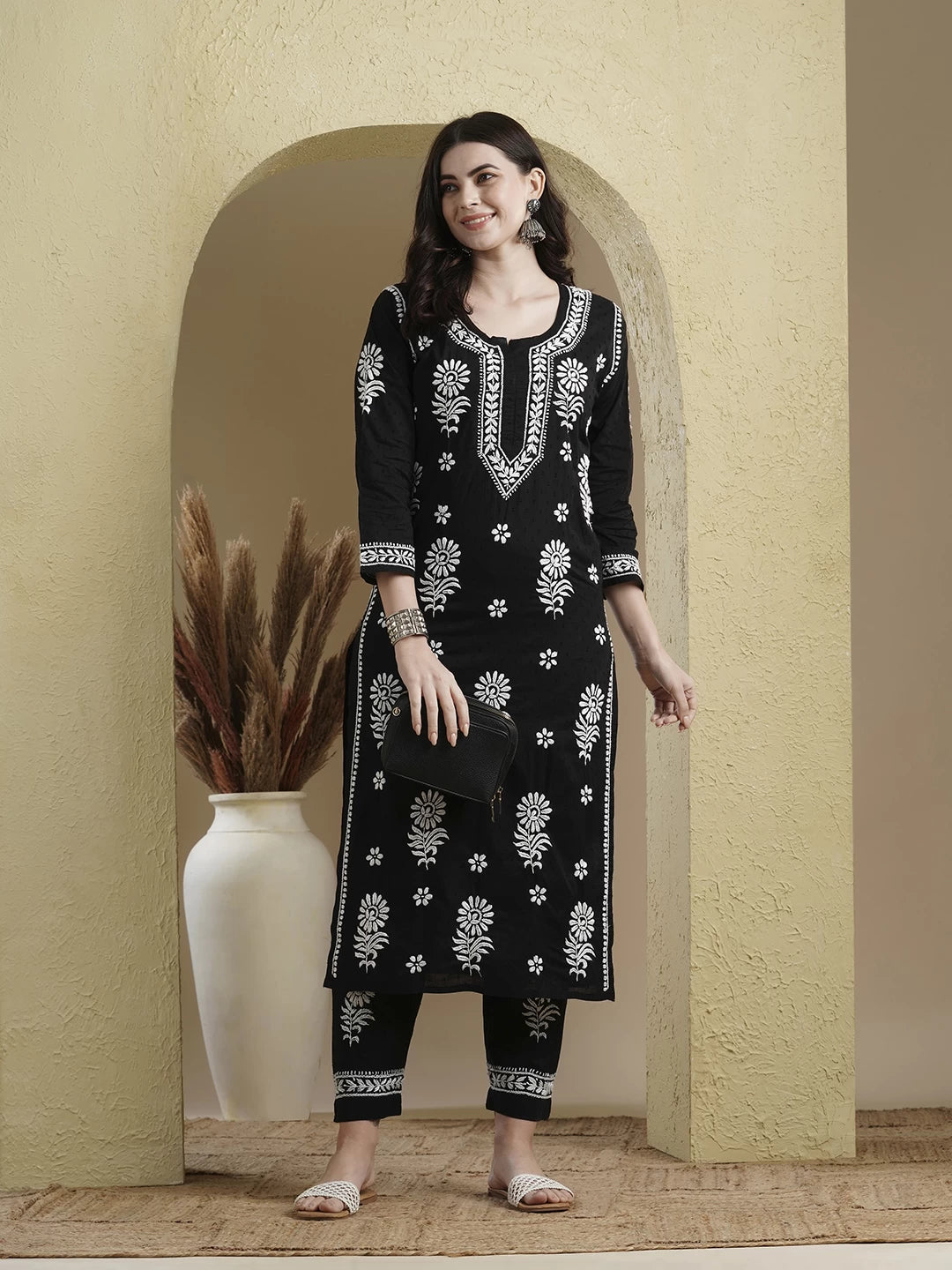 Ada Hand Embroidered Black Dobby Cotton Lucknowi Chikankari Co-Ord Set 01A479903
