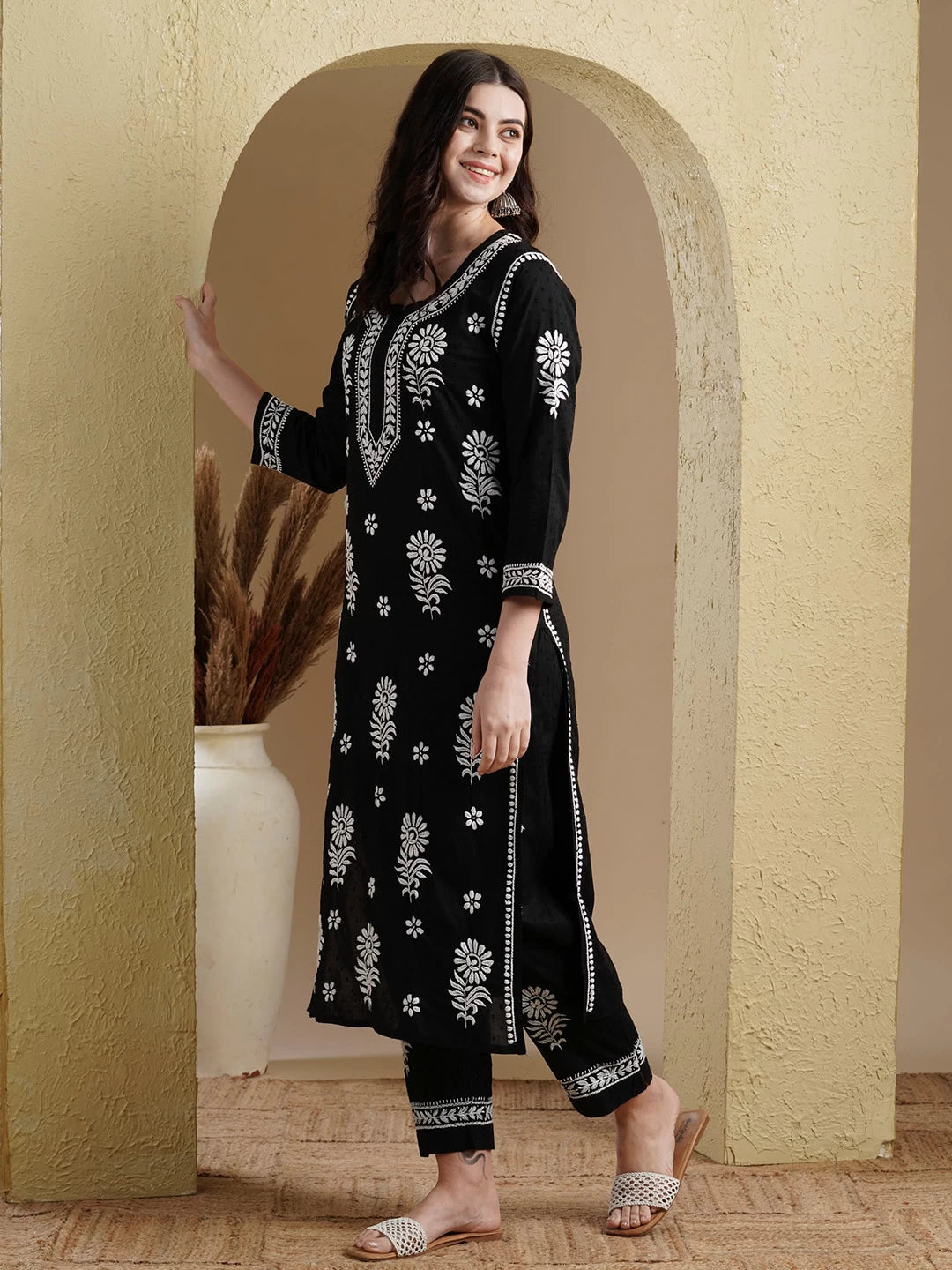 Ada Hand Embroidered Black Dobby Cotton Lucknowi Chikankari Co-Ord Set 01A479903