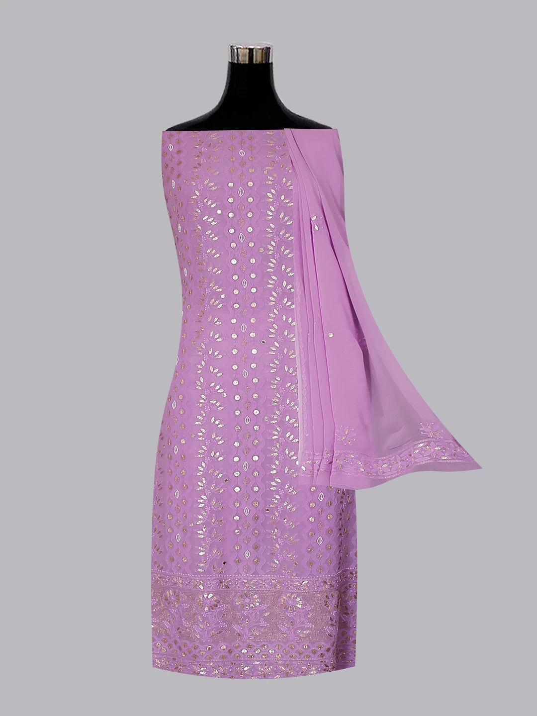 Ada Hand Embroidered Lavender Viscose Georgette Lucknowi Chikankari Unstitched Kurta Dupatta Set With Zari Work 01A357972
