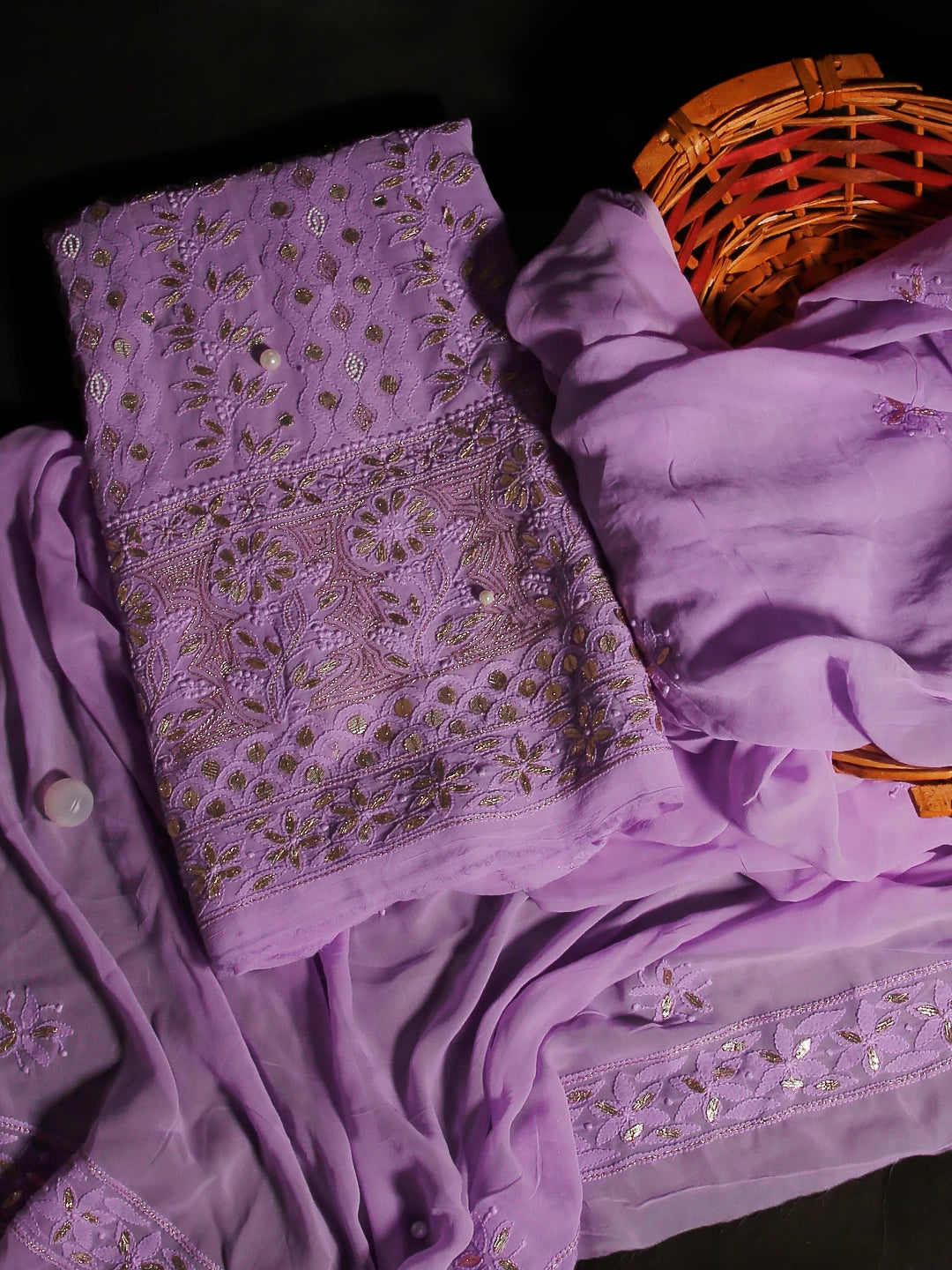 Ada Hand Embroidered Lavender Viscose Georgette Lucknowi Chikankari Unstitched Kurta Dupatta Set With Zari Work 01A357972