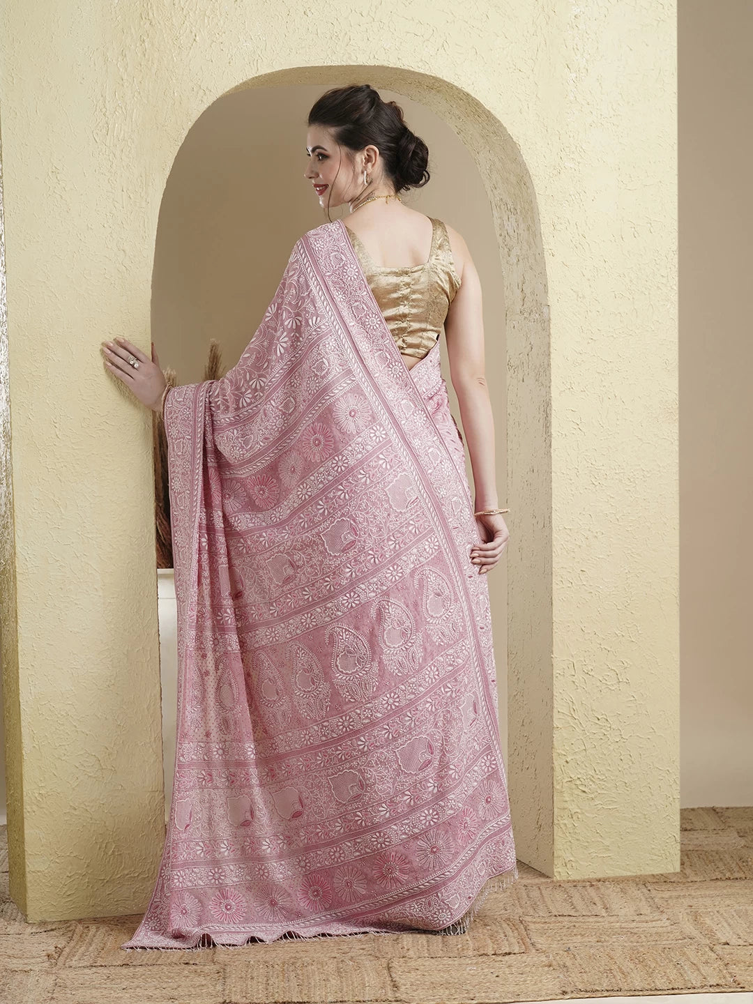 Ada Hand Embroidered Pink Pure Georgette Lucknowi Chikankari Saree With Blouse And Sequinned Work A574879