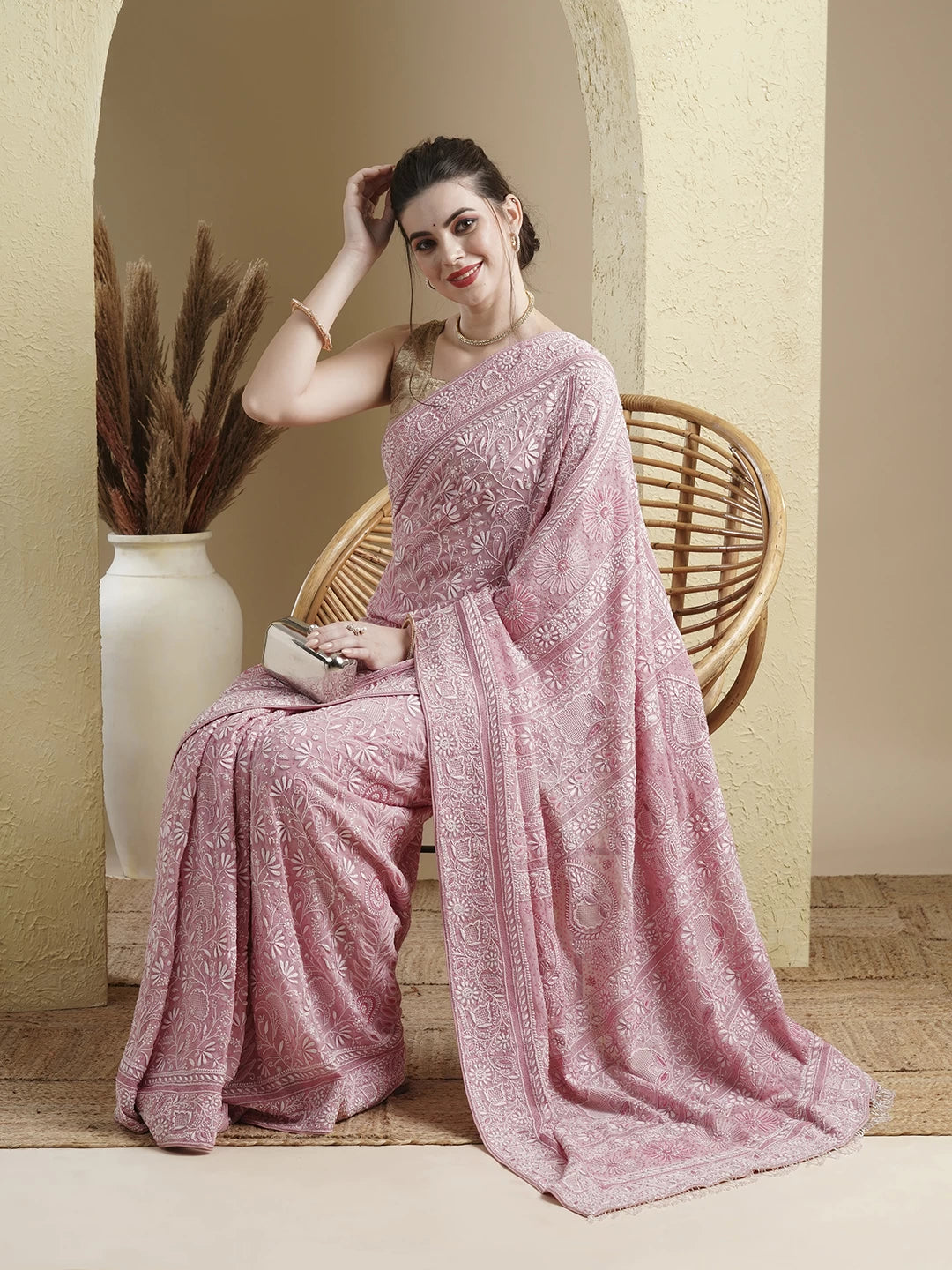 Ada Hand Embroidered Pink Pure Georgette Lucknowi Chikankari Saree With Blouse And Sequinned Work A574879