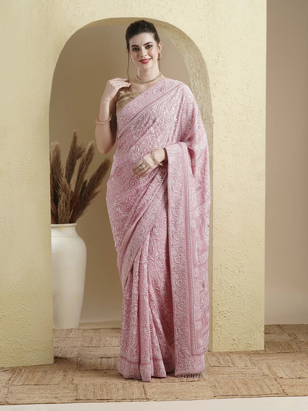 Ada Hand Embroidered Pink Pure Georgette Lucknowi Chikankari Saree With Blouse And Sequinned Work A574879