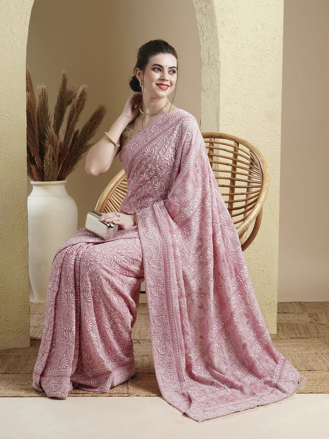 Ada Hand Embroidered Pink Pure Georgette Lucknowi Chikankari Saree With Blouse And Sequinned Work A574879
