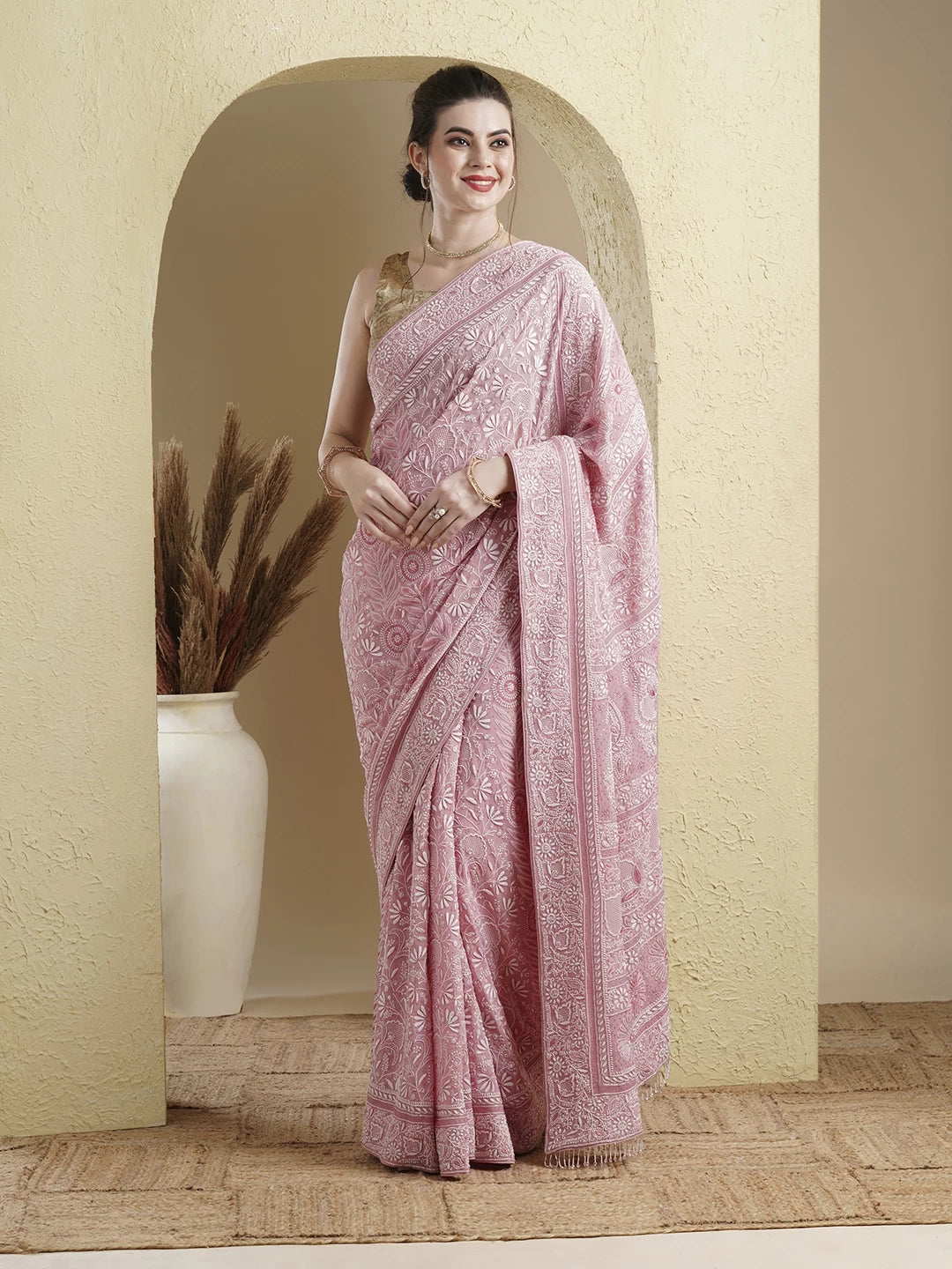 Ada Hand Embroidered Pink Pure Georgette Lucknowi Chikankari Saree With Blouse And Sequinned Work A574879