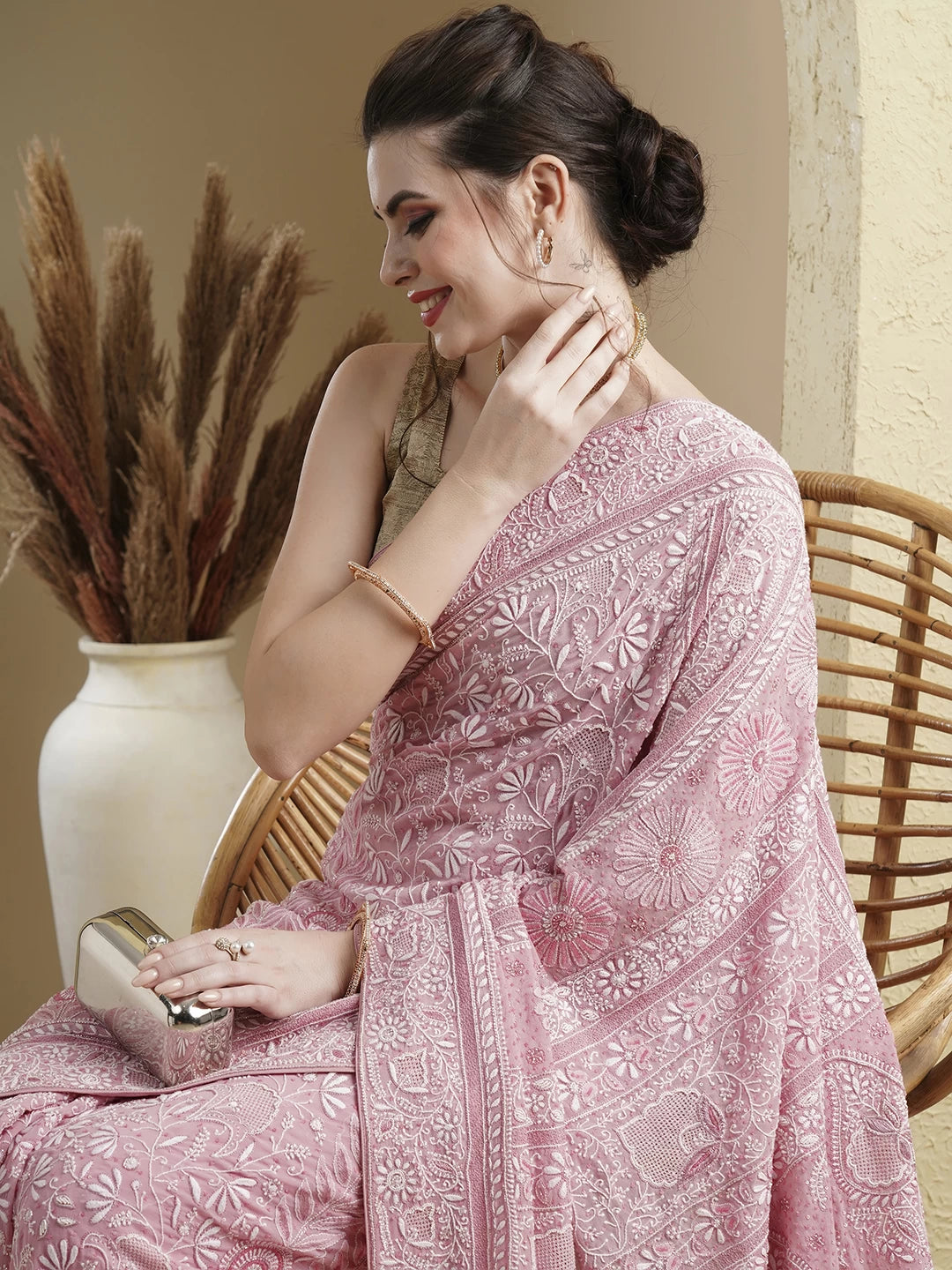 Ada Hand Embroidered Pink Pure Georgette Lucknowi Chikankari Saree With Blouse And Sequinned Work A574879