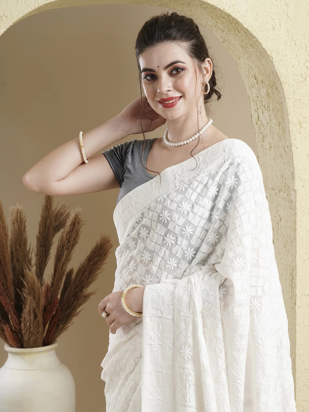 Ada Hand Embroidered Off White Pure Georgette Lucknowi Chikankari Saree With Blouse 01A449534