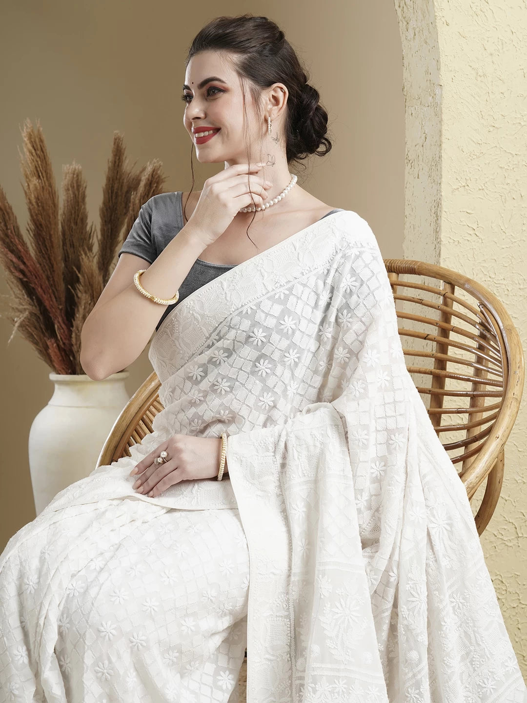 Ada Hand Embroidered Off White Pure Georgette Lucknowi Chikankari Saree With Blouse 01A449534