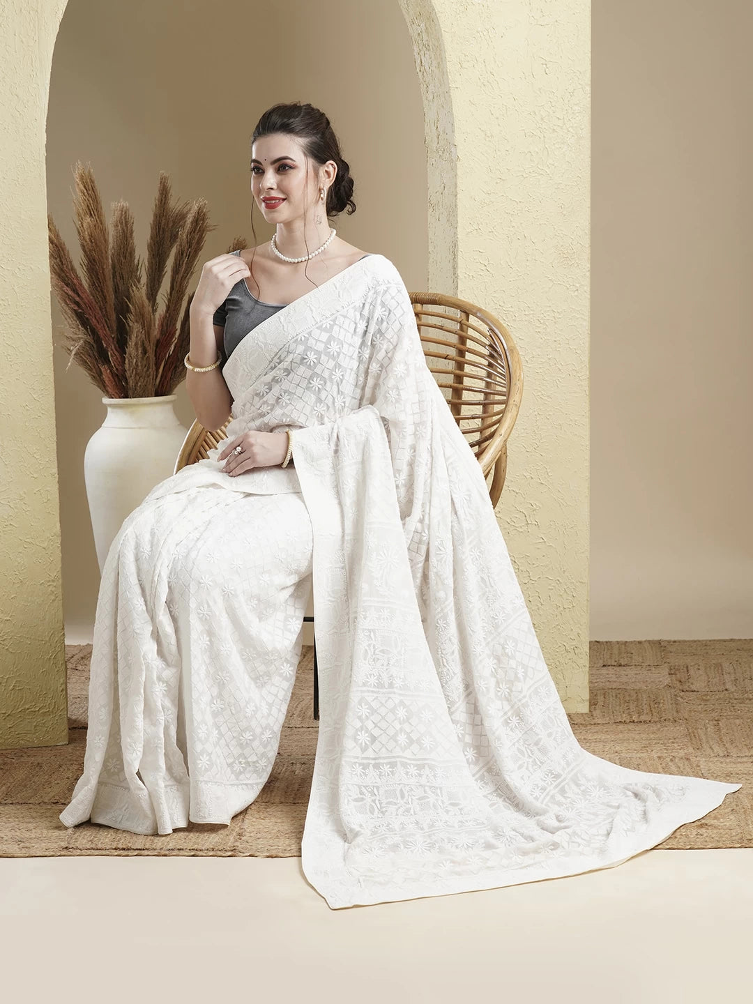 Ada Hand Embroidered Off White Pure Georgette Lucknowi Chikankari Saree With Blouse 01A449534