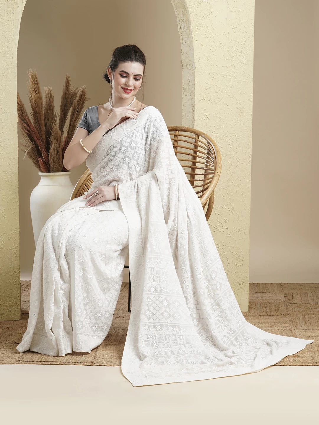 Ada Hand Embroidered Off White Pure Georgette Lucknowi Chikankari Saree With Blouse 01A449534