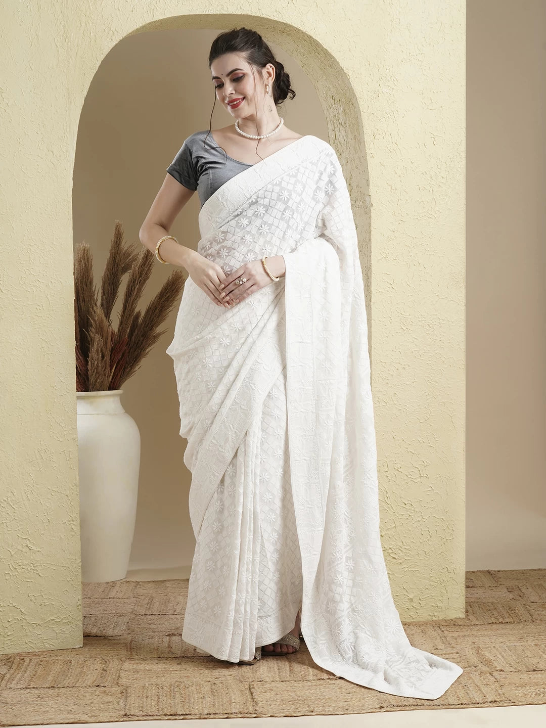 Ada Hand Embroidered Off White Pure Georgette Lucknowi Chikankari Saree With Blouse 01A449534