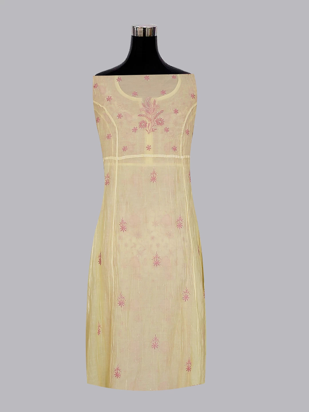 Ada Hand Embroidered Lemon Chanderi Lucknowi Chikakari Semi-Stitched Kurta Dupatta Set With Muqaish Work 01A482919