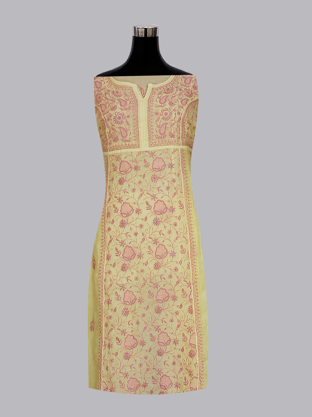 Ada Hand Embroidered Lemon Chanderi Lucknowi Chikakari Semi-Stitched Kurta Dupatta Set With Muqaish Work 01A482919