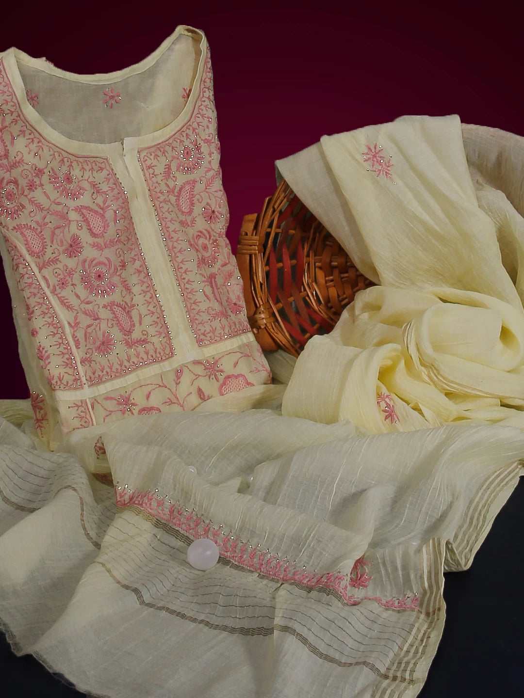 Ada Hand Embroidered Lemon Chanderi Lucknowi Chikakari Semi-Stitched Kurta Dupatta Set With Muqaish Work 01A482919