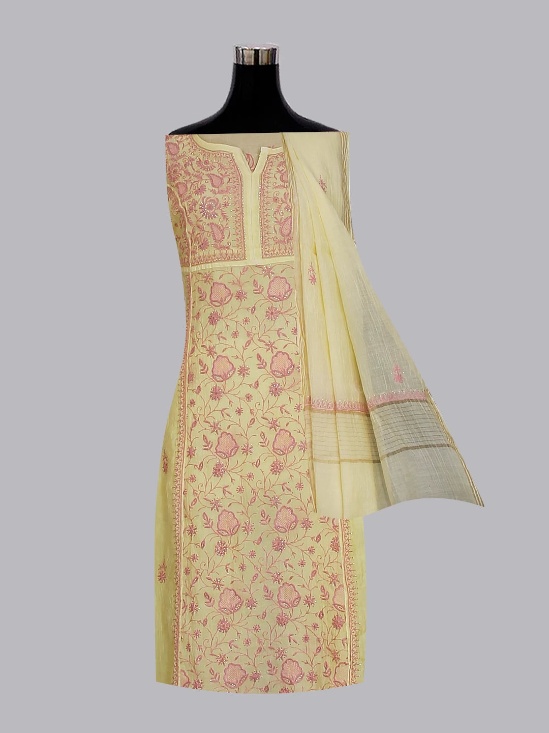 Ada Hand Embroidered Lemon Chanderi Lucknowi Chikakari Semi-Stitched Kurta Dupatta Set With Muqaish Work 01A482919