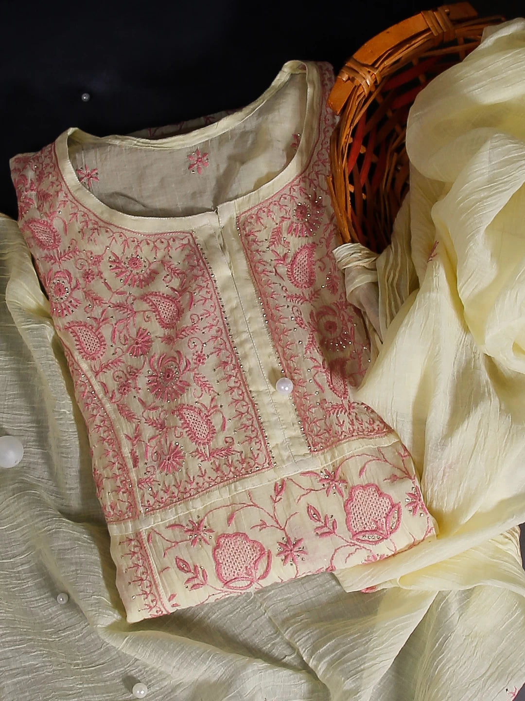 Ada Hand Embroidered Lemon Chanderi Lucknowi Chikakari Semi-Stitched Kurta Dupatta Set With Muqaish Work 01A482919