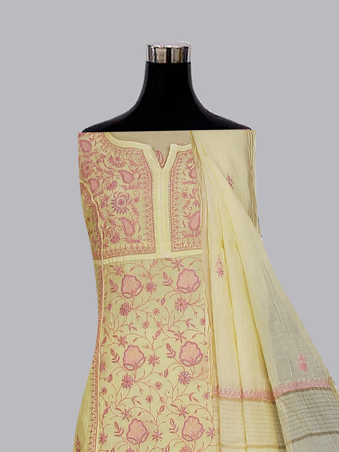Ada Hand Embroidered Lemon Chanderi Lucknowi Chikakari Semi-Stitched Kurta Dupatta Set With Muqaish Work 01A482919