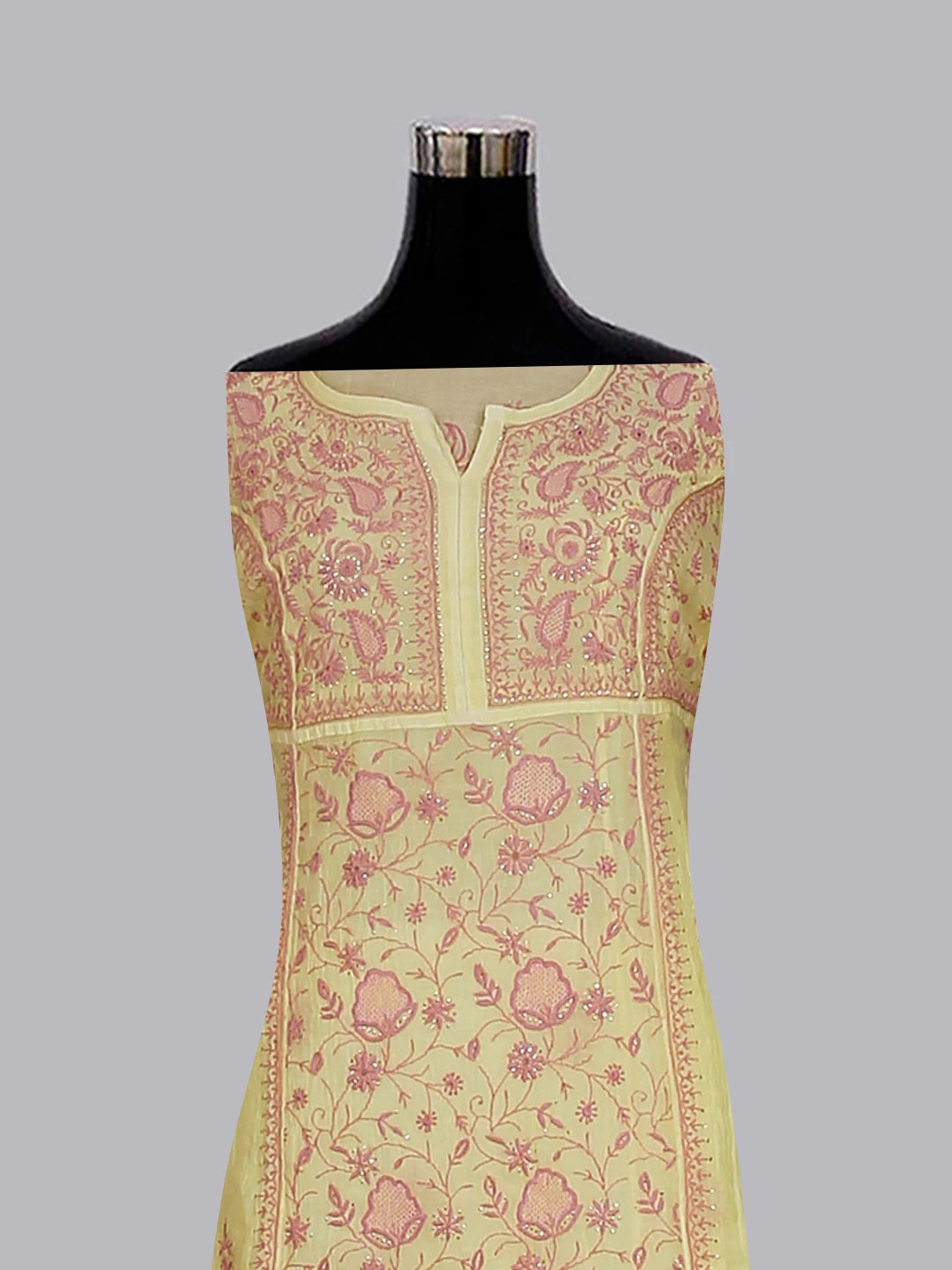 Ada Hand Embroidered Lemon Chanderi Lucknowi Chikakari Semi-Stitched Kurta Dupatta Set With Muqaish Work 01A482919
