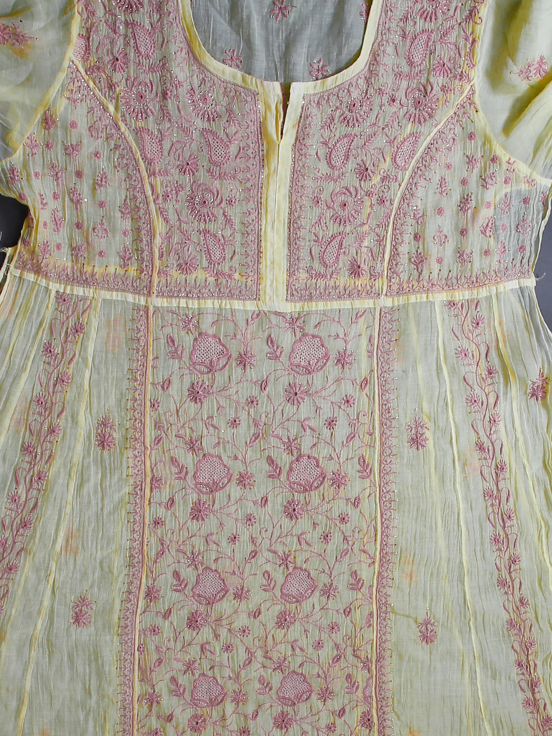 Ada Hand Embroidered Lemon Chanderi Lucknowi Chikakari Semi-Stitched Kurta Dupatta Set With Muqaish Work 01A482919