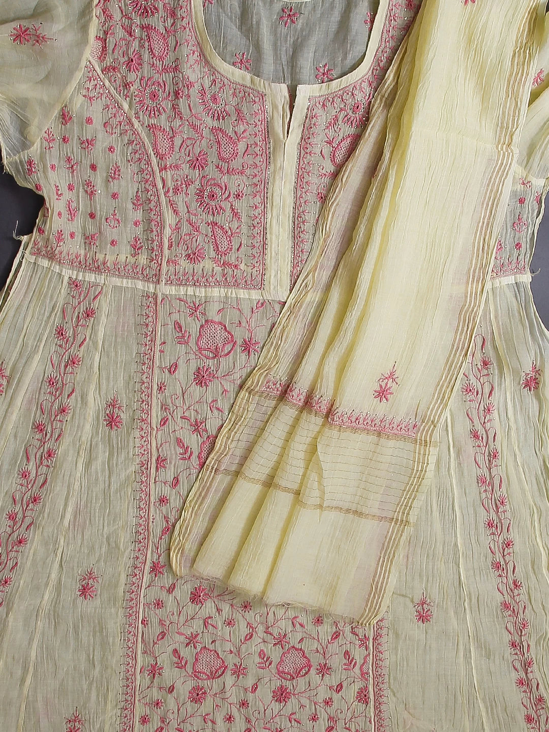 Ada Hand Embroidered Lemon Chanderi Lucknowi Chikakari Semi-Stitched Kurta Dupatta Set With Muqaish Work 01A482919