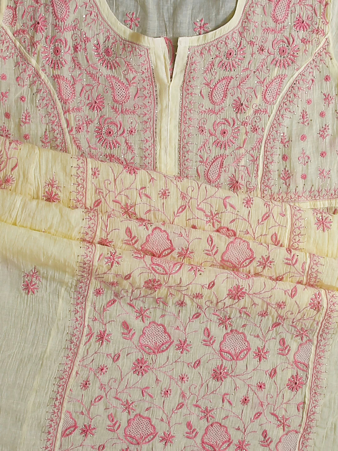 Ada Hand Embroidered Lemon Chanderi Lucknowi Chikakari Semi-Stitched Kurta Dupatta Set With Muqaish Work 01A482919