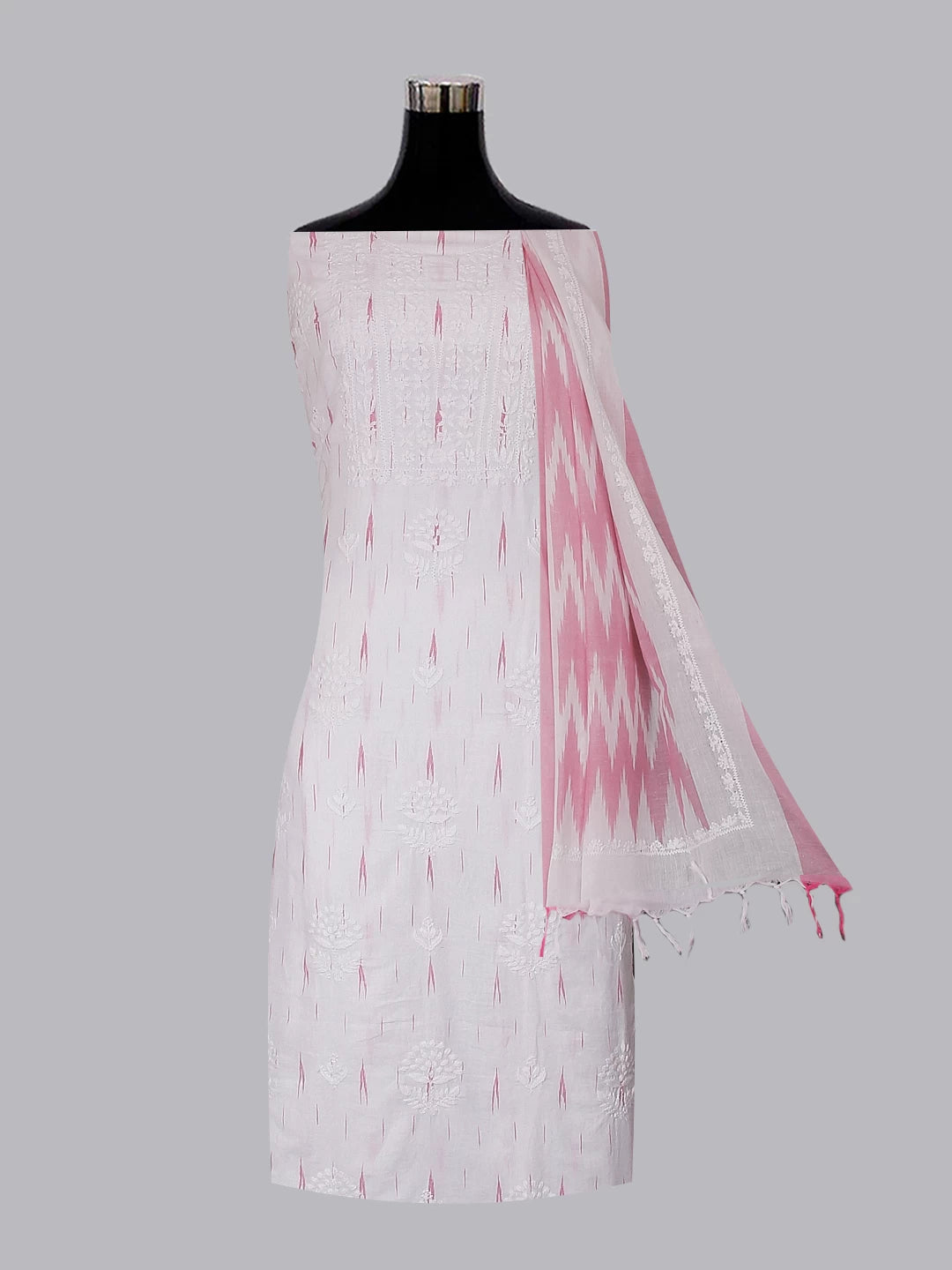 Ada Hand Embroidered White Cotton Ikat Lucknowi Chikankari Unstitched Kurta Dupatta Set 01A489922