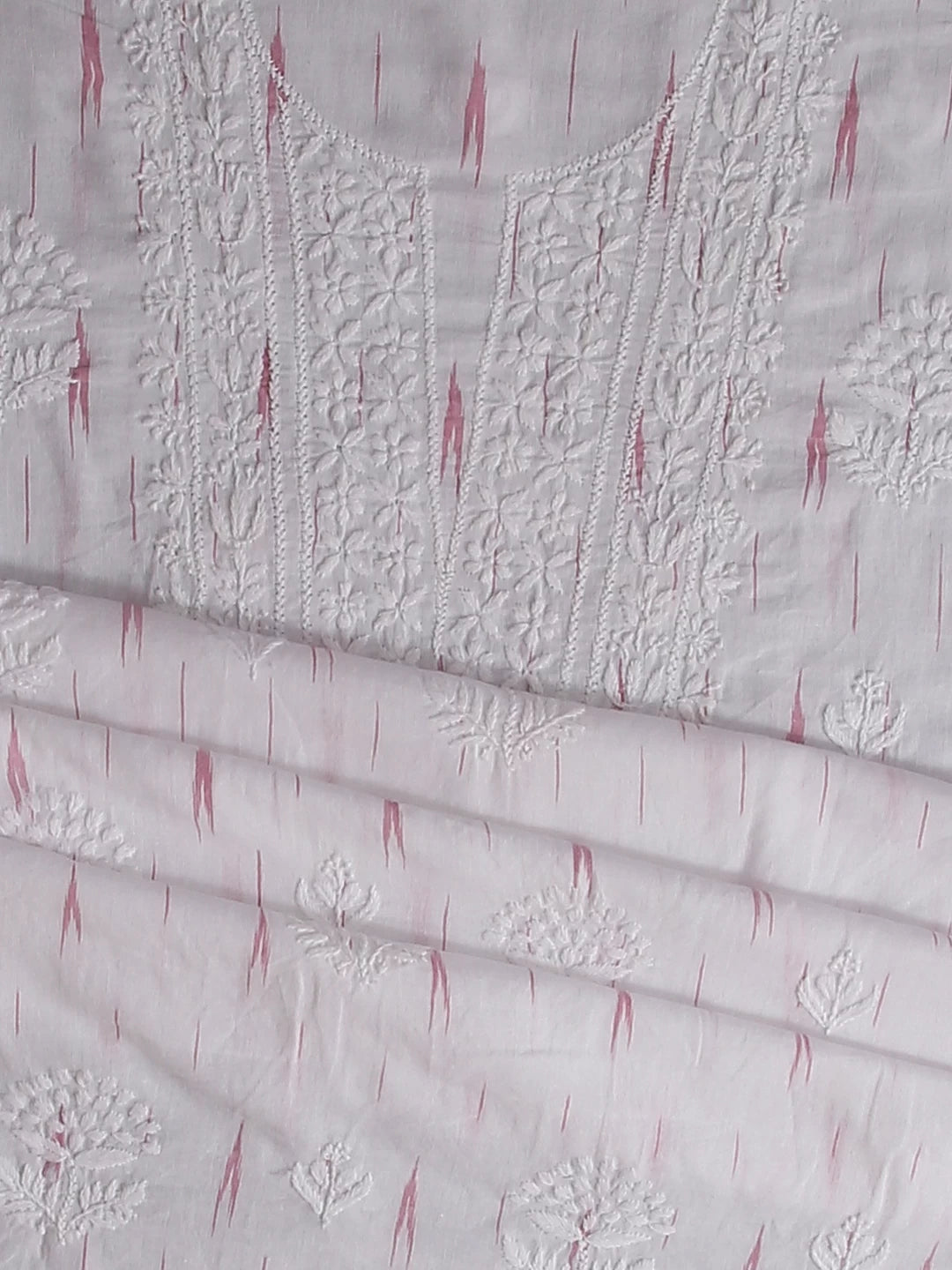 Ada Hand Embroidered White Cotton Ikat Lucknowi Chikankari Unstitched Kurta Dupatta Set 01A489922