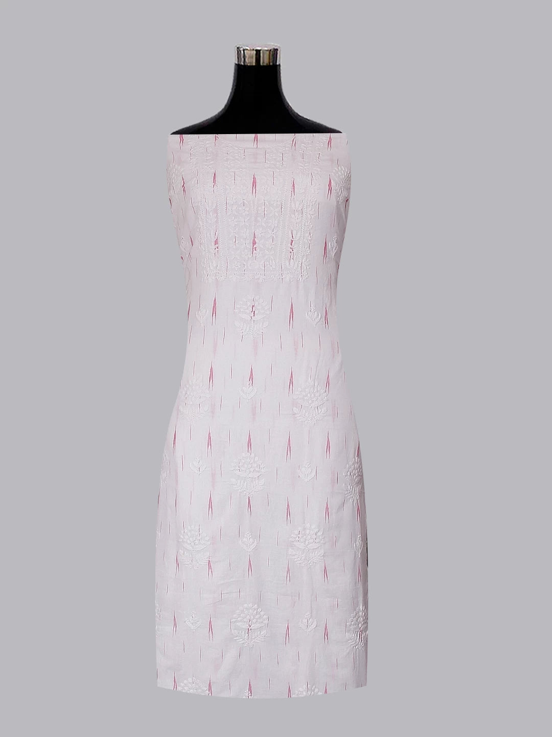 Ada Hand Embroidered White Cotton Ikat Lucknowi Chikankari Unstitched Kurta Dupatta Set 01A489922