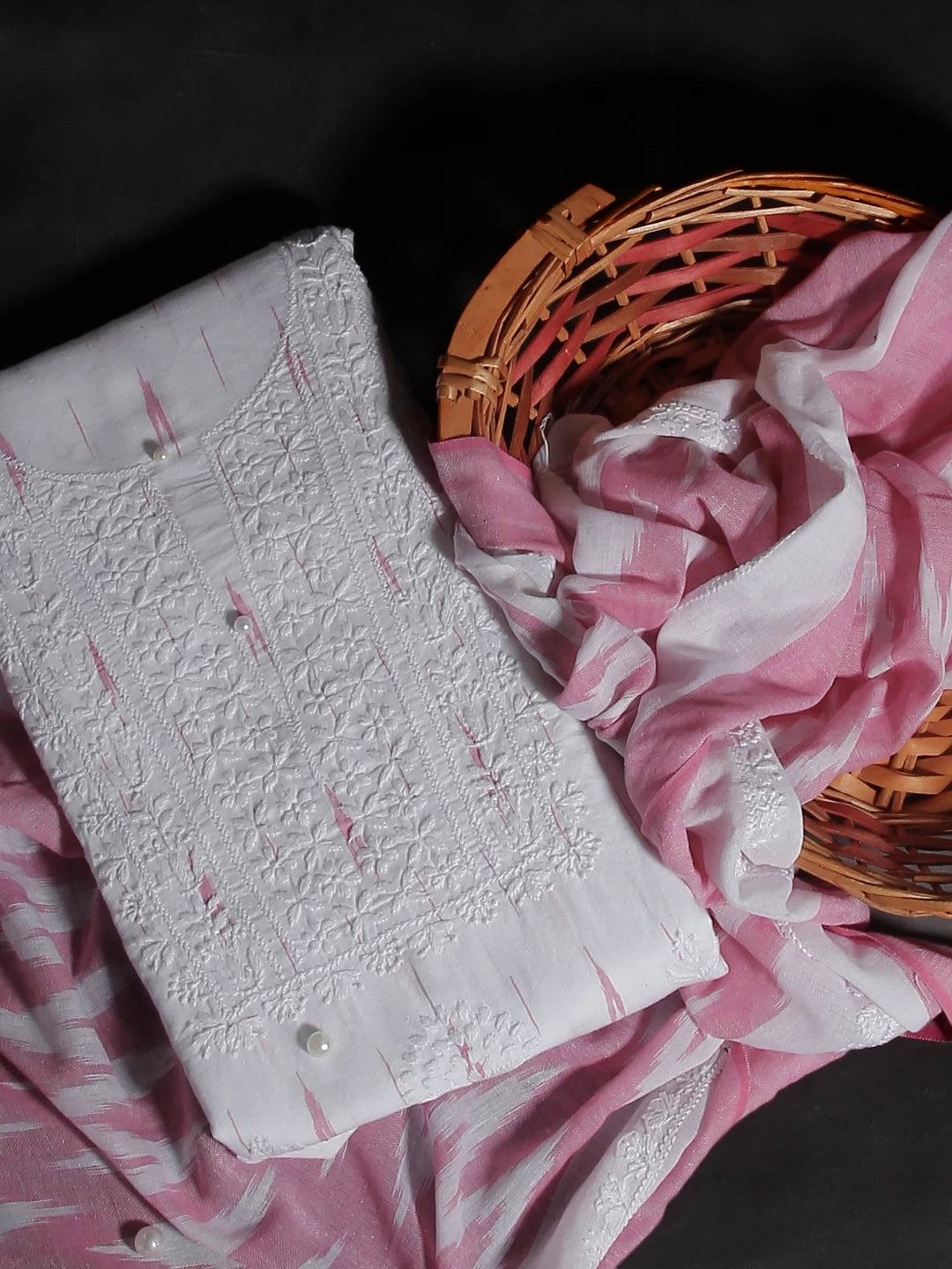 Ada Hand Embroidered White Cotton Ikat Lucknowi Chikankari Unstitched Kurta Dupatta Set 01A489922