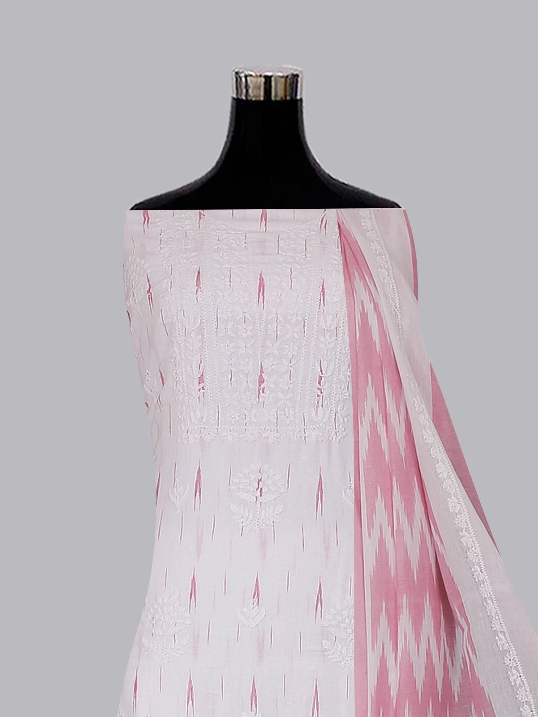 Ada Hand Embroidered White Cotton Ikat Lucknowi Chikankari Unstitched Kurta Dupatta Set 01A489922