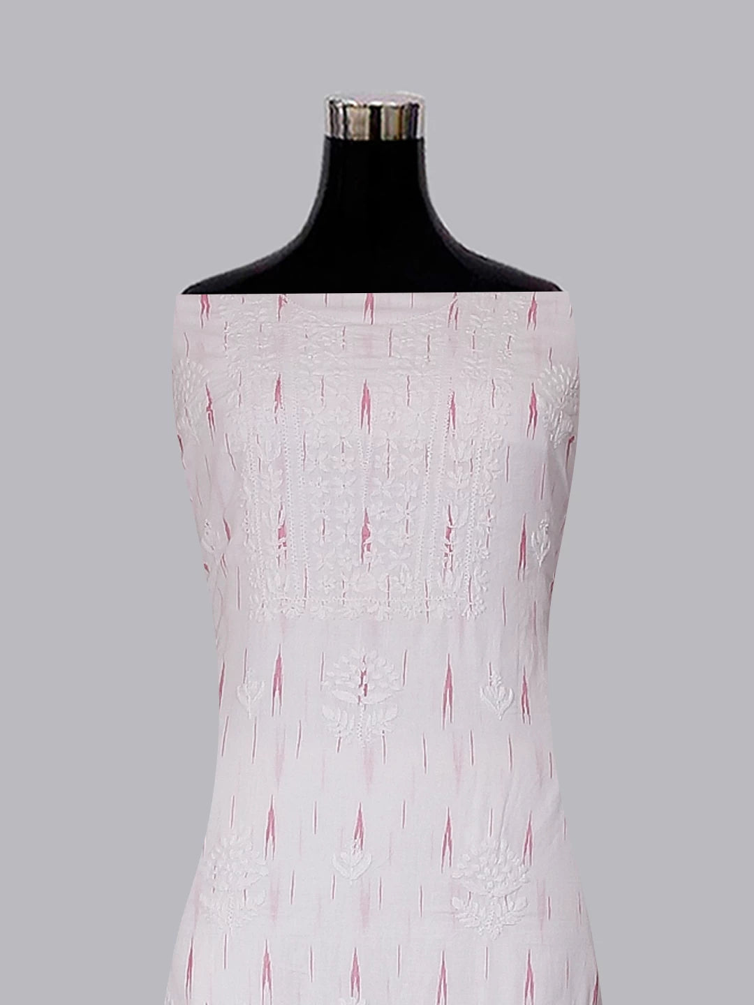 Ada Hand Embroidered White Cotton Ikat Lucknowi Chikankari Unstitched Kurta Dupatta Set 01A489922