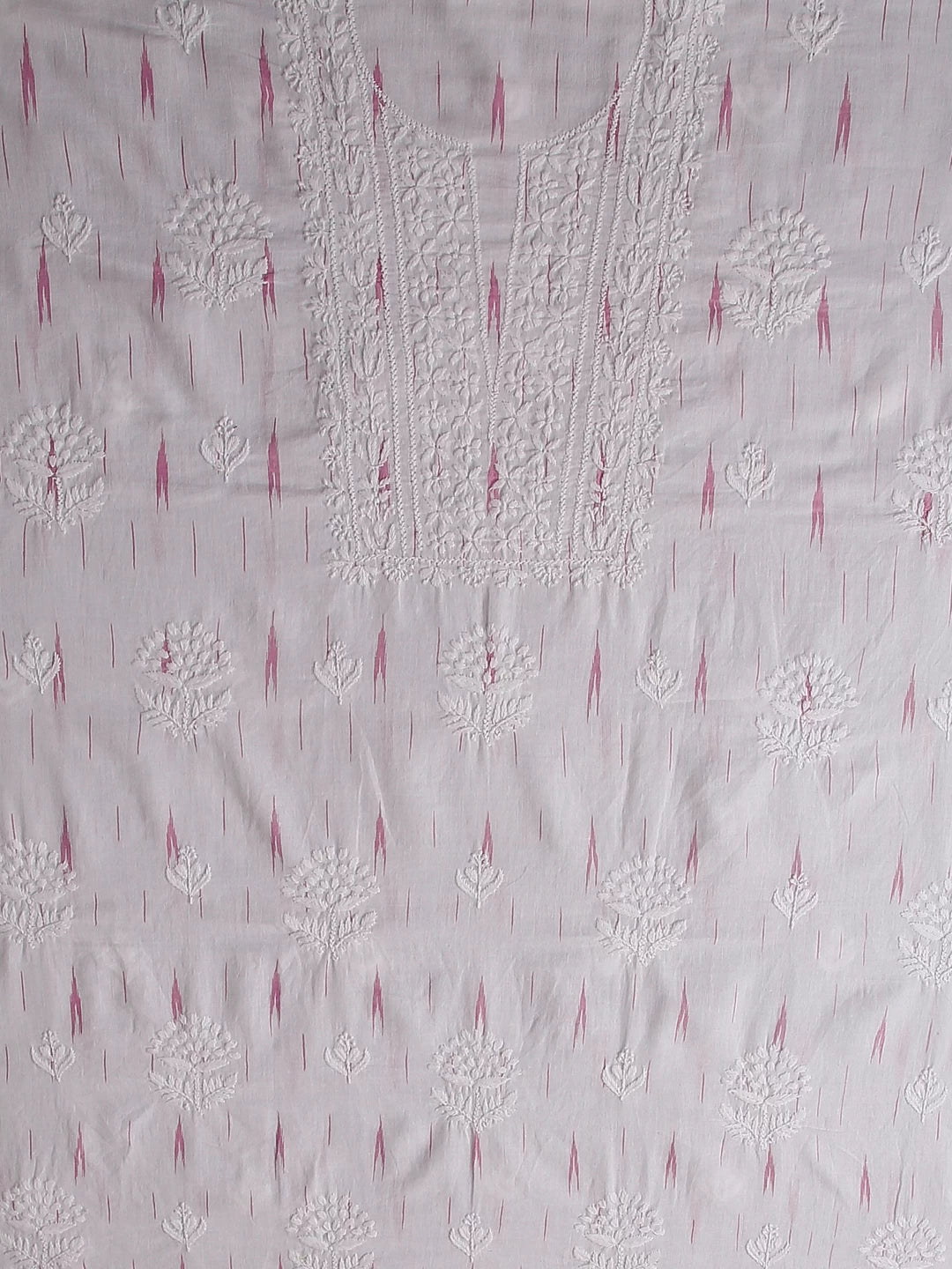 Ada Hand Embroidered White Cotton Ikat Lucknowi Chikankari Unstitched Kurta Dupatta Set 01A489922