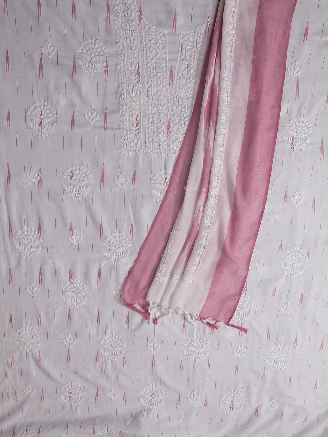 Ada Hand Embroidered White Cotton Ikat Lucknowi Chikankari Unstitched Kurta Dupatta Set 01A489922