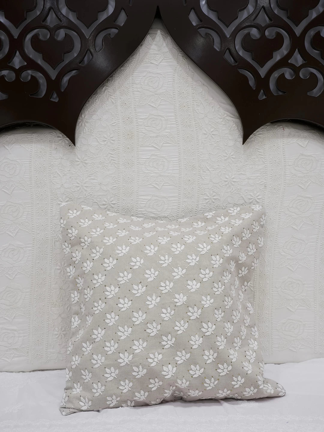 Ada Hand Embroidered Fawn Cotton Lucknowi Chikankari Cushion Cover With Mukaish Work 01A502067