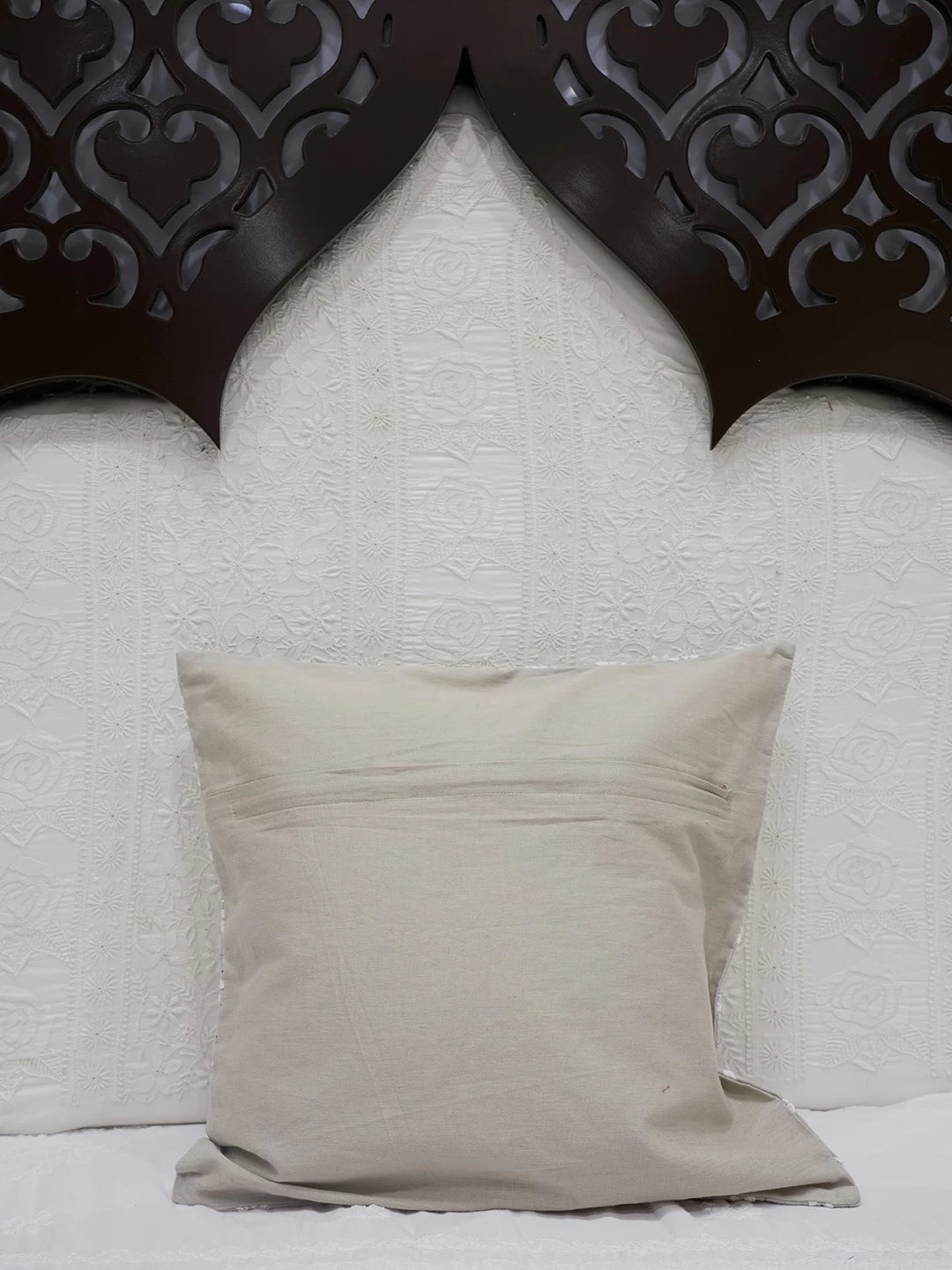 Ada Hand Embroidered Fawn Cotton Lucknowi Chikankari Cushion Cover With Mukaish Work 01A502067