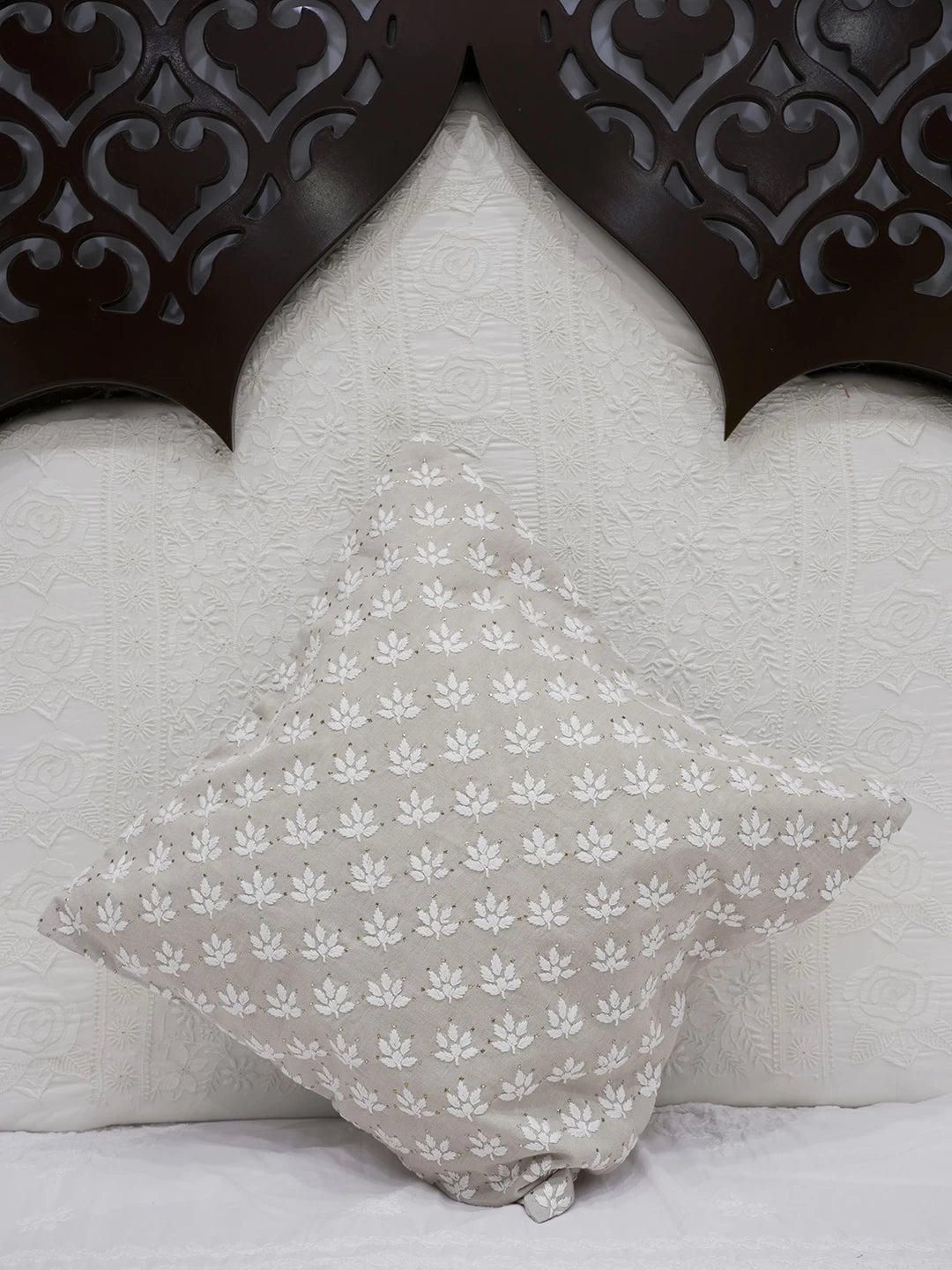 Ada Hand Embroidered Fawn Cotton Lucknowi Chikankari Cushion Cover With Mukaish Work 01A502067