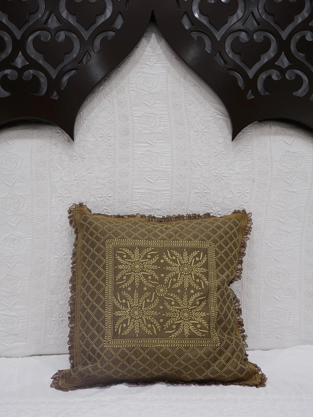 Ada Hand Embroidered Brown Silk Lucknowi Chikankari Cushion Cover 01A147935
