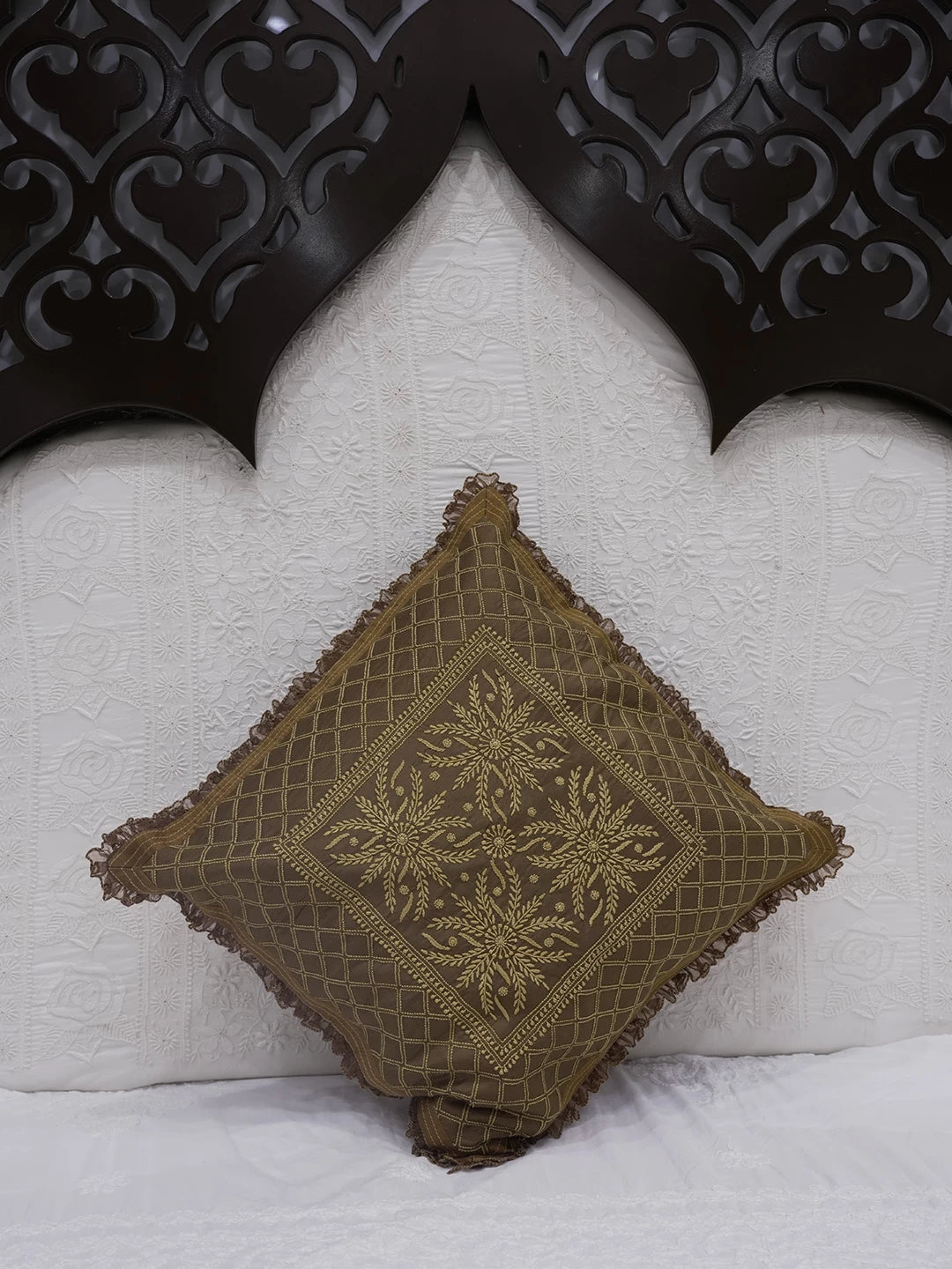 Ada Hand Embroidered Brown Silk Lucknowi Chikankari Cushion Cover 01A147935