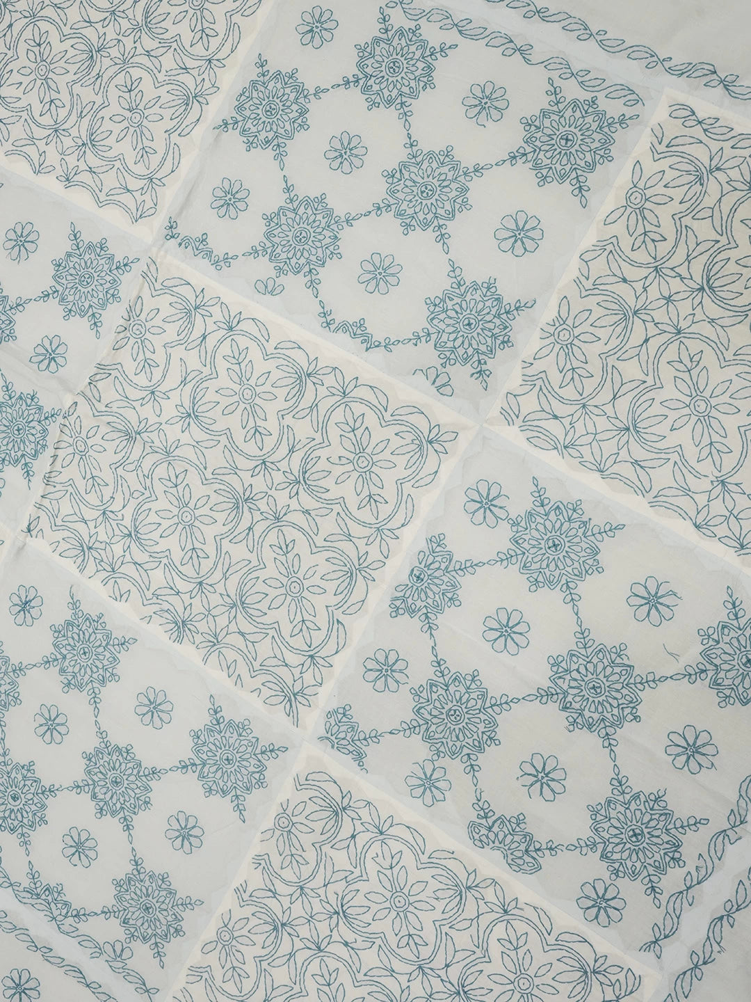 Ada Hand Embroidered White And Sea Green Lucknowi Chikankari Bed Sheet With Pillow Cover Set 01A483963