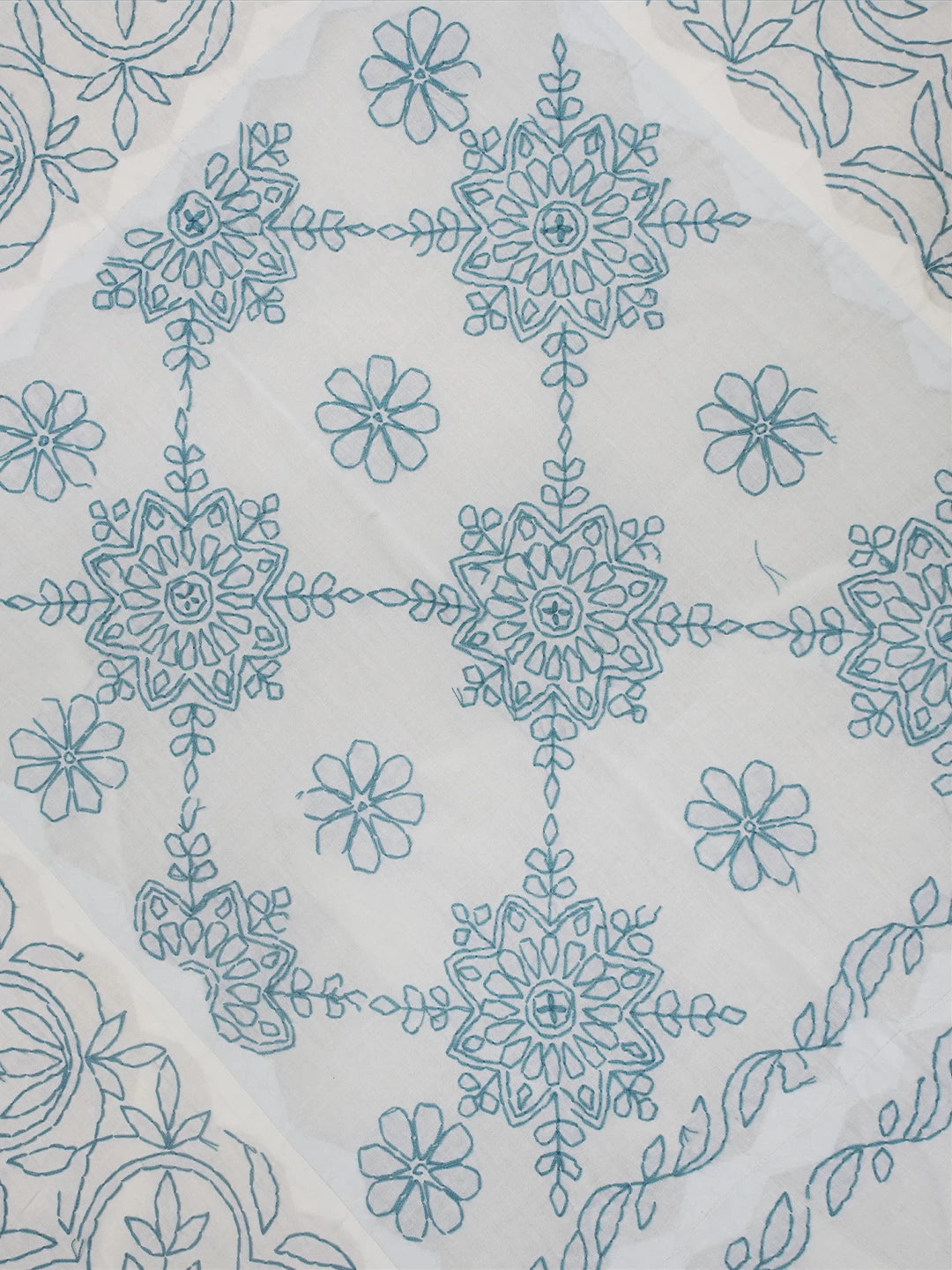 Ada Hand Embroidered White And Sea Green Lucknowi Chikankari Bed Sheet With Pillow Cover Set 01A483963
