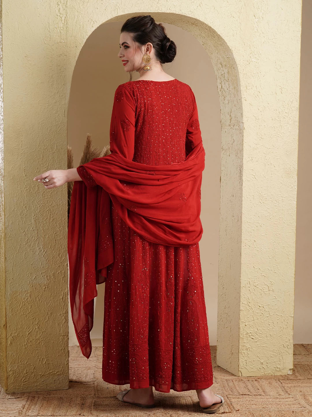 Ada Hand Embroidered Scarlet Red Georgette Lucknowi Chikankari Semi-Stitched Anarkali Kurta Dupatta Set With Muqaish Work 01A485007