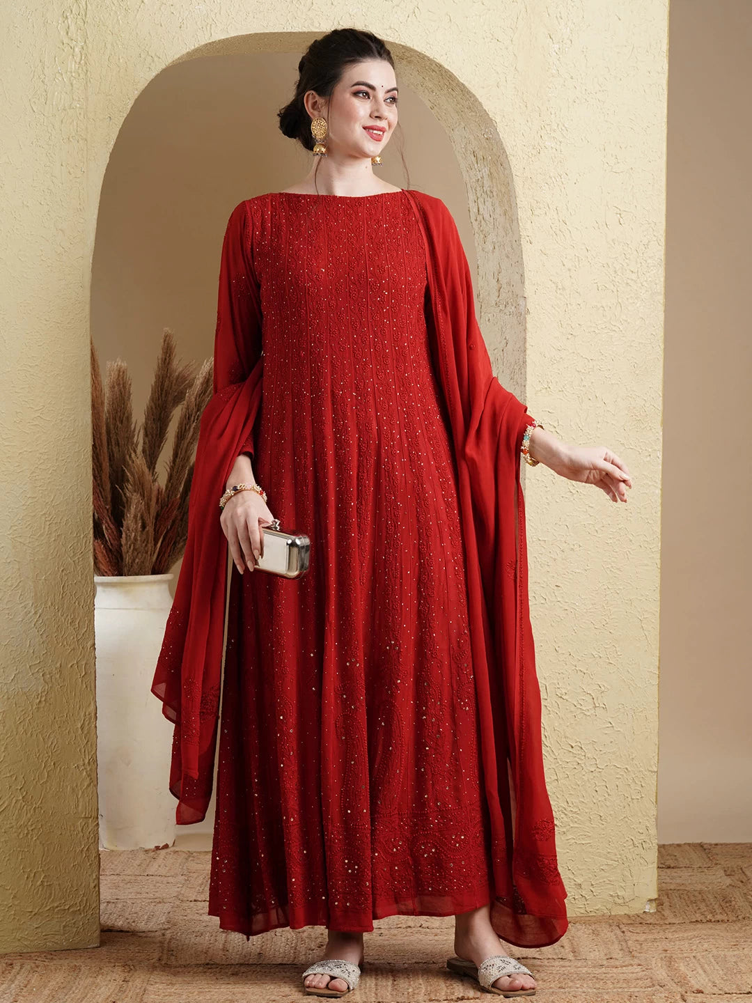 Ada Hand Embroidered Scarlet Red Georgette Lucknowi Chikankari Semi-Stitched Anarkali Kurta Dupatta Set With Muqaish Work 01A485007