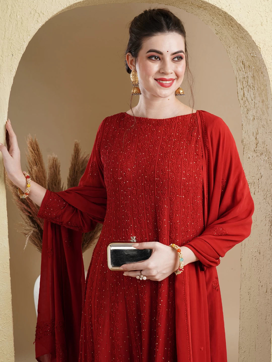 Ada Hand Embroidered Scarlet Red Georgette Lucknowi Chikankari Semi-Stitched Anarkali Kurta Dupatta Set With Muqaish Work 01A485007