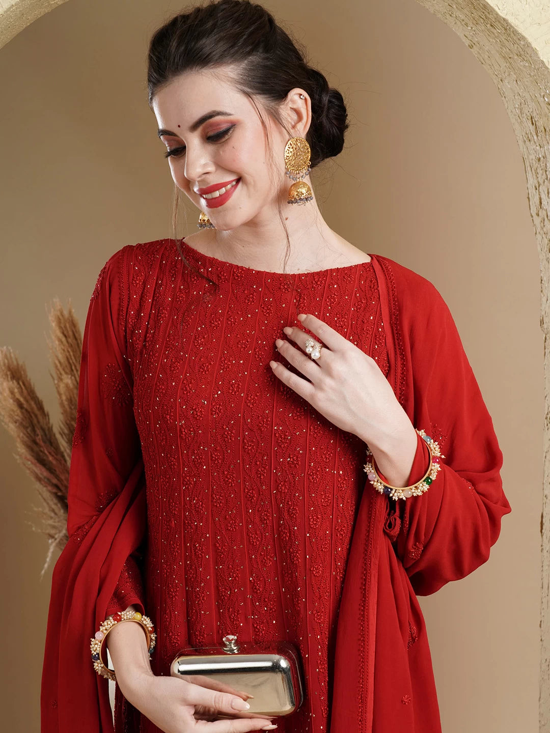 Ada Hand Embroidered Scarlet Red Georgette Lucknowi Chikankari Semi-Stitched Anarkali Kurta Dupatta Set With Muqaish Work 01A485007