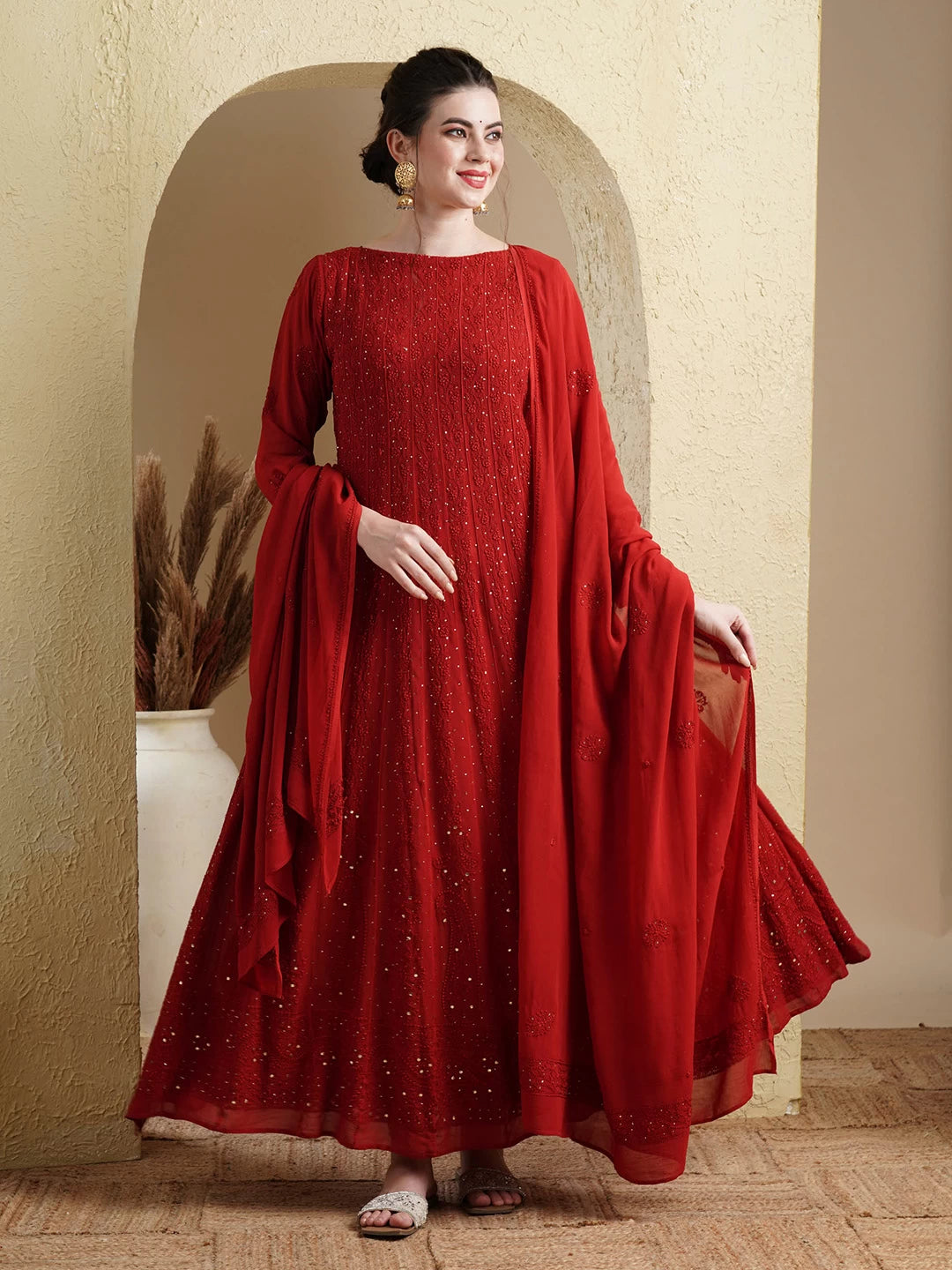 Ada Hand Embroidered Scarlet Red Georgette Lucknowi Chikankari Semi-Stitched Anarkali Kurta Dupatta Set With Muqaish Work 01A485007