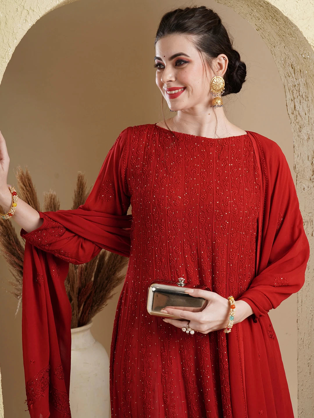 Ada Hand Embroidered Scarlet Red Georgette Lucknowi Chikankari Semi-Stitched Anarkali Kurta Dupatta Set With Muqaish Work 01A485007