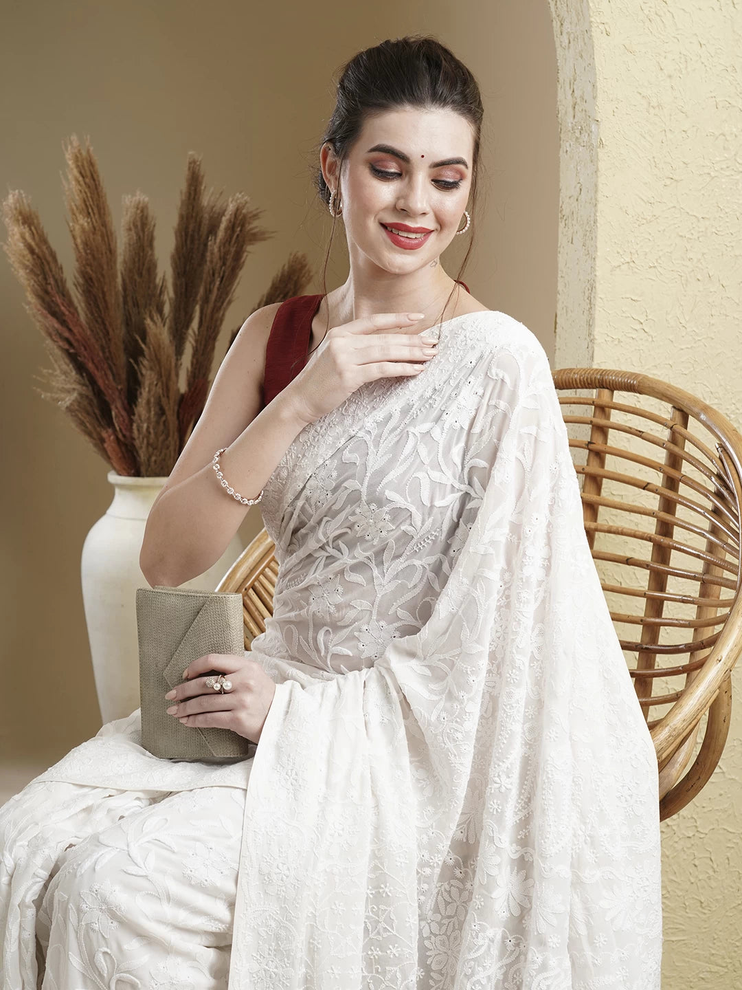 Ada Hand Embroidered Off White Pure Georgette Lucknowi Chikankari Saree With Blouse 01A398479